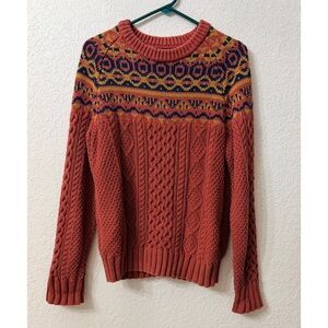 LLBean Signature Rust Fair Isle Cable Knit Women's Sweater